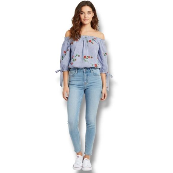 Mirror Image Top Size Medium Woman's Off Shoulder Blouse 3/4 Sleeves Embroidered - Picture 3 of 8